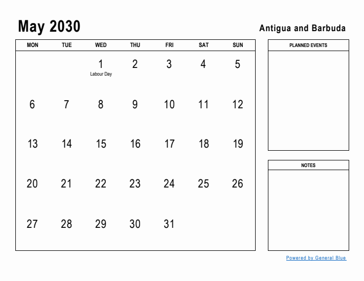 May 2030 Printable Monthly Calendar with Antigua and Barbuda Holidays