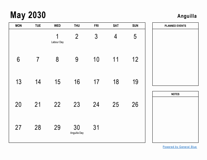 May 2030 Printable Monthly Calendar with Anguilla Holidays