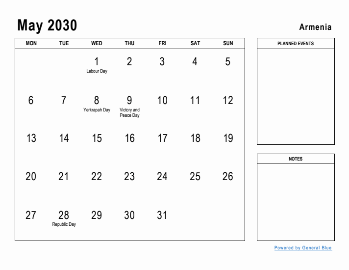 May 2030 Printable Monthly Calendar with Armenia Holidays