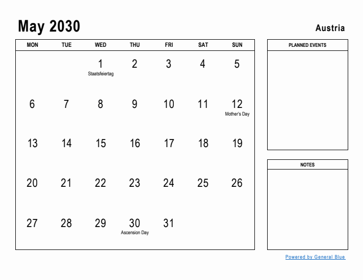 May 2030 Printable Monthly Calendar with Austria Holidays