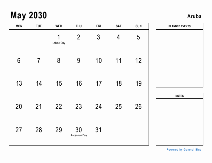 May 2030 Printable Monthly Calendar with Aruba Holidays