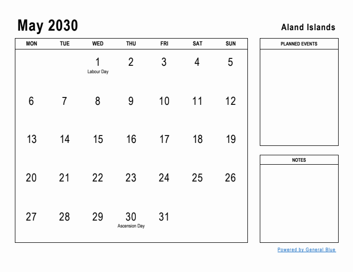 May 2030 Printable Monthly Calendar with Aland Islands Holidays