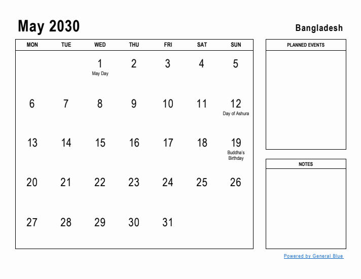 May 2030 Printable Monthly Calendar with Bangladesh Holidays