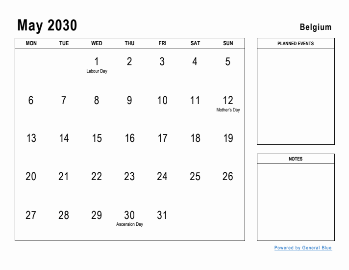 May 2030 Printable Monthly Calendar with Belgium Holidays