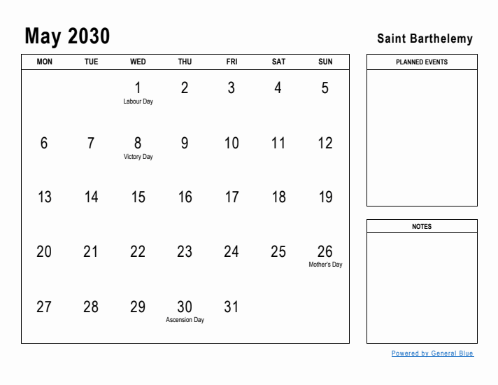 May 2030 Printable Monthly Calendar with Saint Barthelemy Holidays