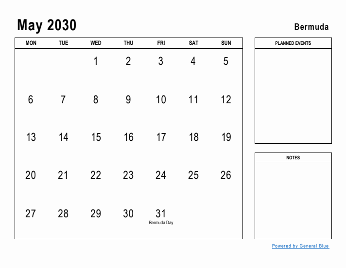 May 2030 Printable Monthly Calendar with Bermuda Holidays