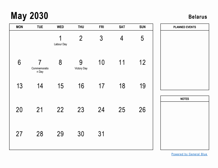 May 2030 Printable Monthly Calendar with Belarus Holidays