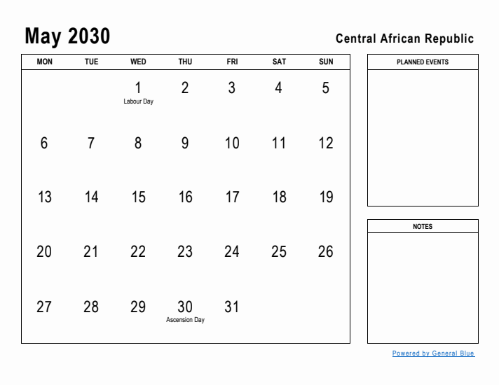 May 2030 Printable Monthly Calendar with Central African Republic Holidays