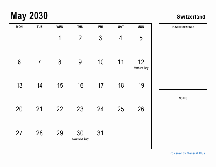 May 2030 Printable Monthly Calendar with Switzerland Holidays