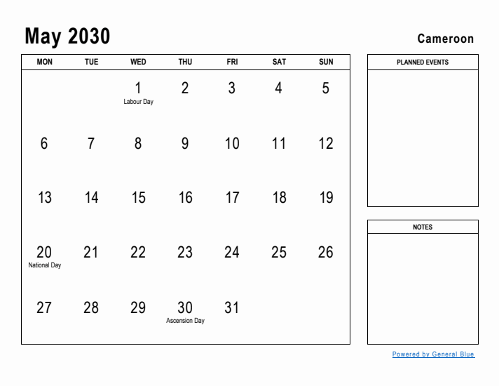 May 2030 Printable Monthly Calendar with Cameroon Holidays