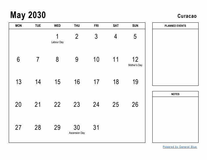 May 2030 Printable Monthly Calendar with Curacao Holidays