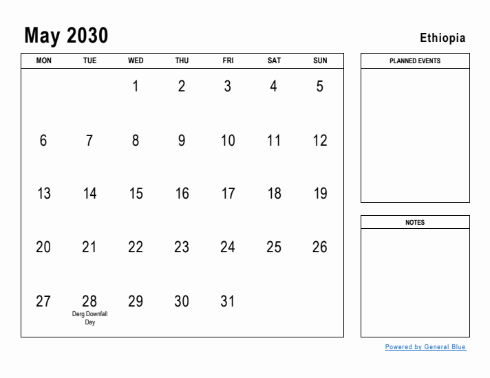 May 2030 Printable Monthly Calendar with Ethiopia Holidays