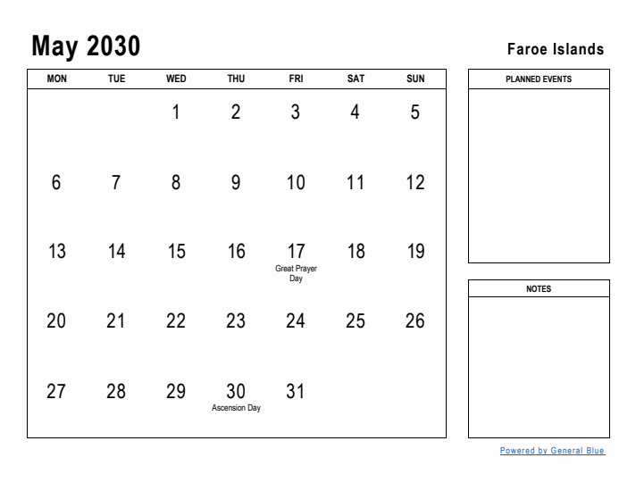 May 2030 Printable Monthly Calendar with Faroe Islands Holidays