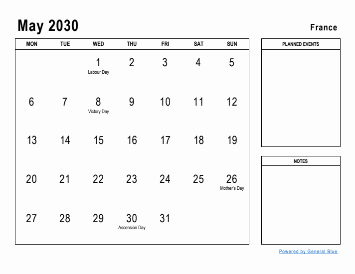 May 2030 Printable Monthly Calendar with France Holidays