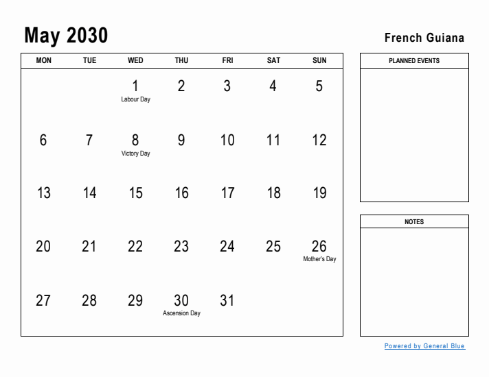 May 2030 Printable Monthly Calendar with French Guiana Holidays