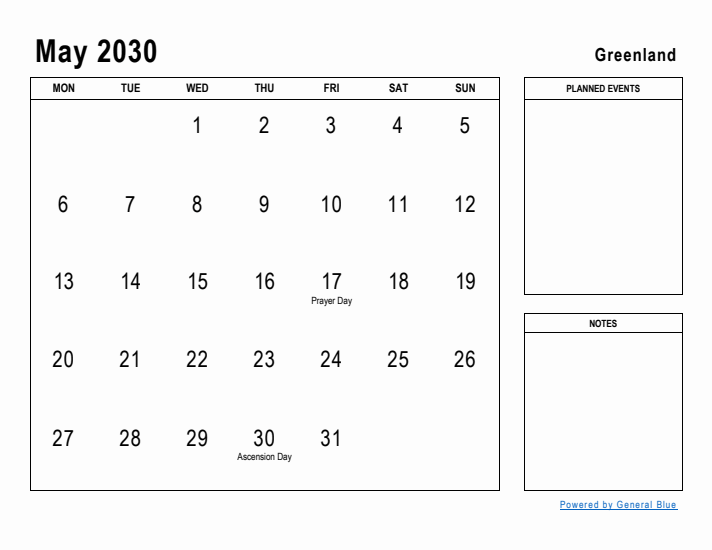 May 2030 Printable Monthly Calendar with Greenland Holidays