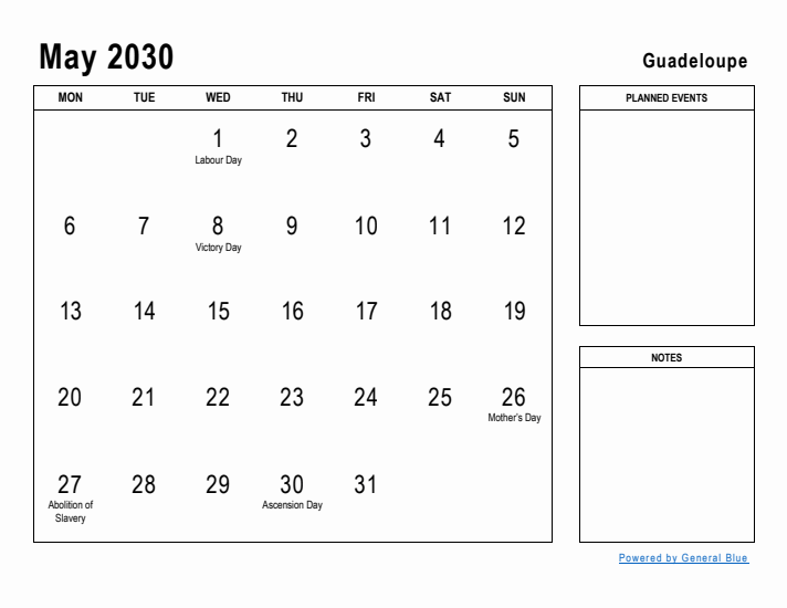 May 2030 Printable Monthly Calendar with Guadeloupe Holidays