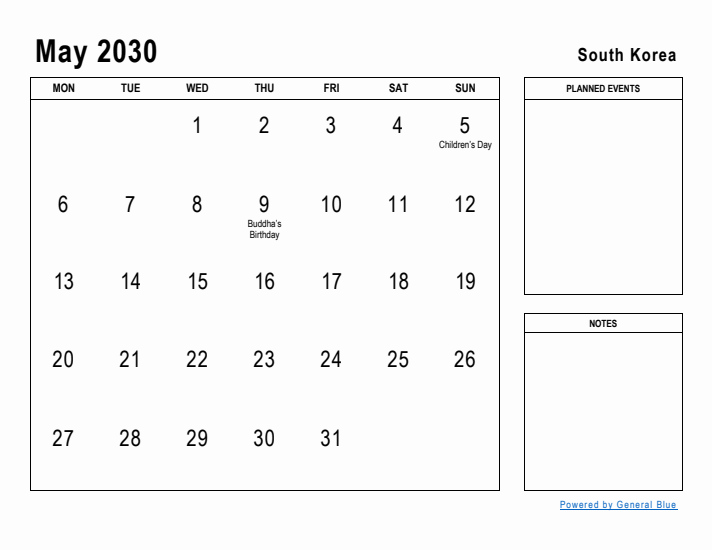 May 2030 Printable Monthly Calendar with South Korea Holidays