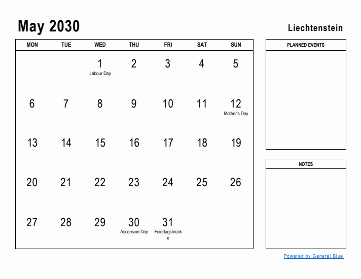 May 2030 Printable Monthly Calendar with Liechtenstein Holidays