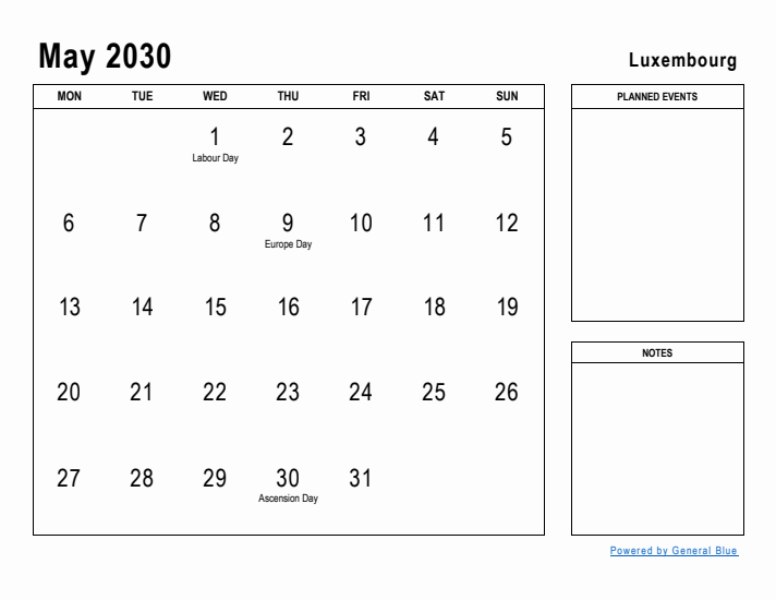 May 2030 Printable Monthly Calendar with Luxembourg Holidays