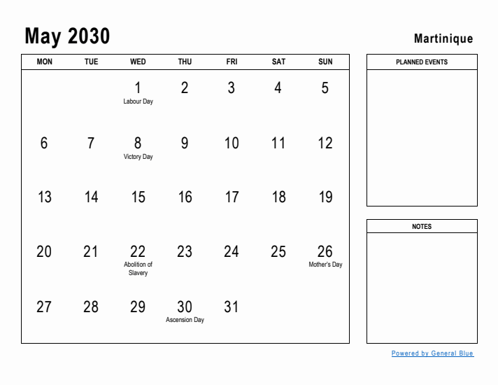 May 2030 Printable Monthly Calendar with Martinique Holidays