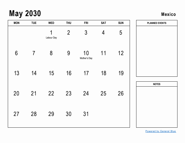 May 2030 Printable Monthly Calendar with Mexico Holidays