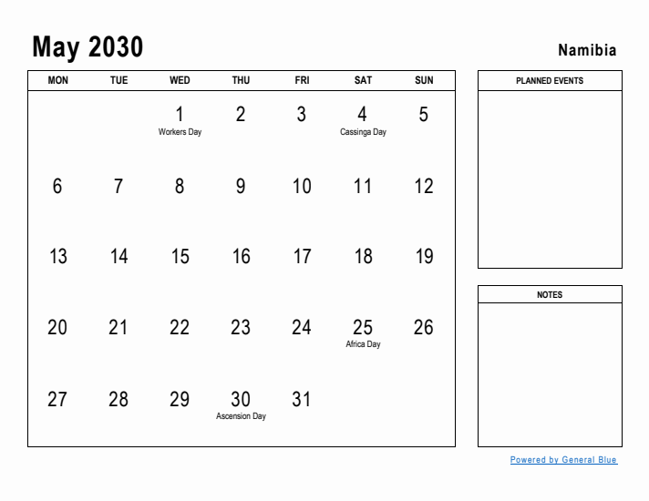 May 2030 Printable Monthly Calendar with Namibia Holidays