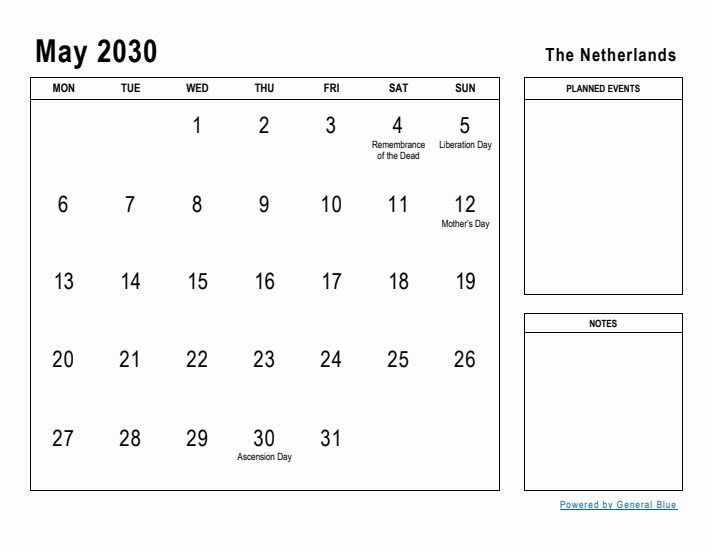 May 2030 Printable Monthly Calendar with The Netherlands Holidays