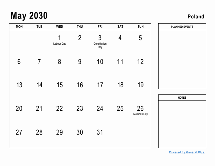 May 2030 Printable Monthly Calendar with Poland Holidays