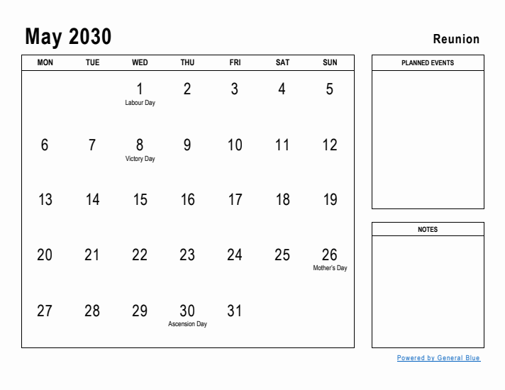 May 2030 Printable Monthly Calendar with Reunion Holidays