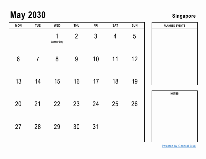 May 2030 Printable Monthly Calendar with Singapore Holidays