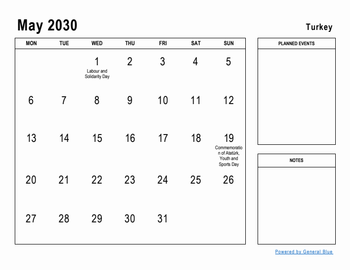 May 2030 Printable Monthly Calendar with Turkey Holidays