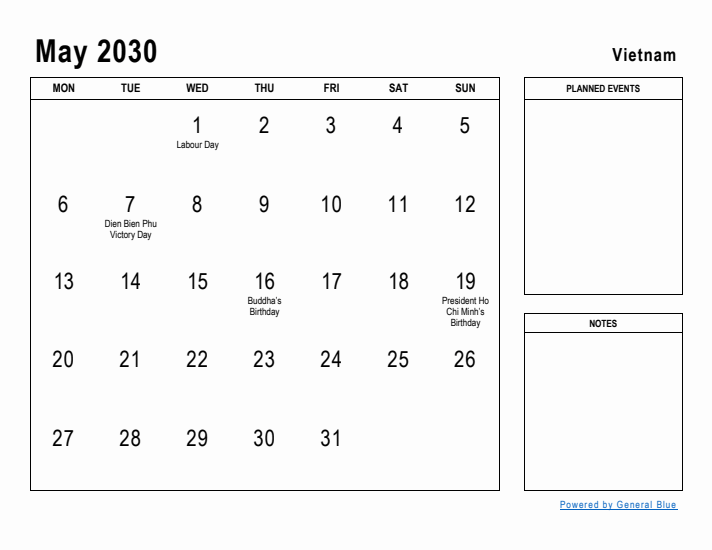 May 2030 Printable Monthly Calendar with Vietnam Holidays