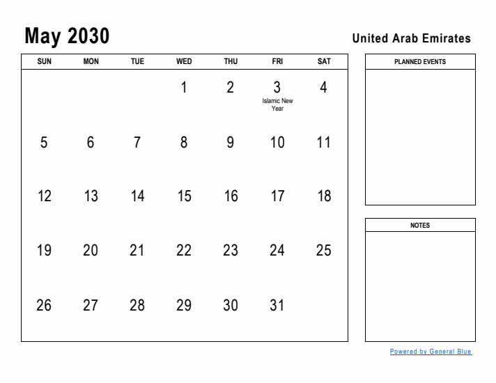 May 2030 Printable Monthly Calendar with United Arab Emirates Holidays