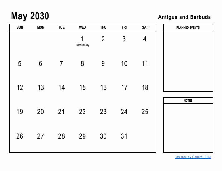 May 2030 Printable Monthly Calendar with Antigua and Barbuda Holidays