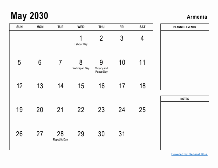 May 2030 Printable Monthly Calendar with Armenia Holidays