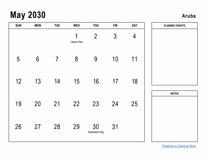 May 2030 Printable Monthly Calendar with Aruba Holidays