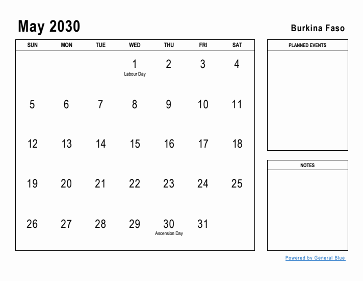 May 2030 Printable Monthly Calendar with Burkina Faso Holidays