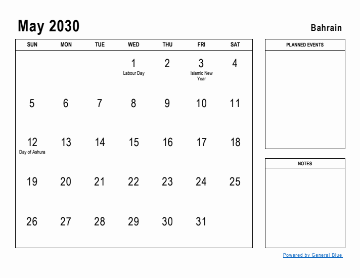 May 2030 Printable Monthly Calendar with Bahrain Holidays