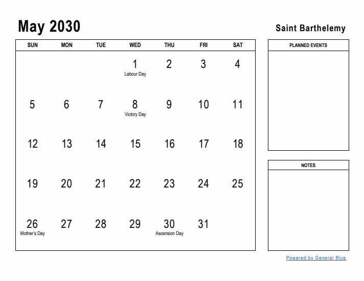 May 2030 Printable Monthly Calendar with Saint Barthelemy Holidays