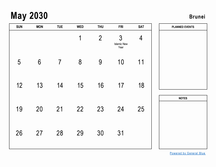 May 2030 Printable Monthly Calendar with Brunei Holidays