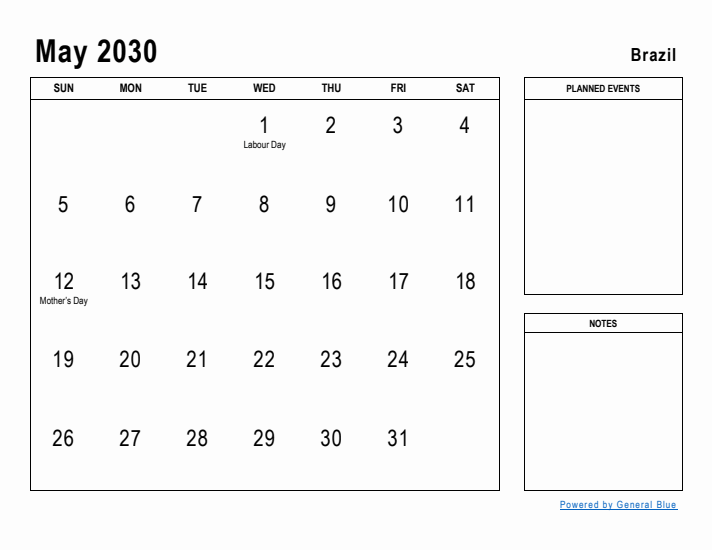 May 2030 Printable Monthly Calendar with Brazil Holidays