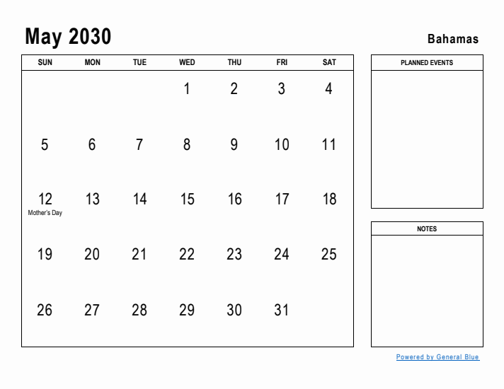 May 2030 Printable Monthly Calendar with Bahamas Holidays