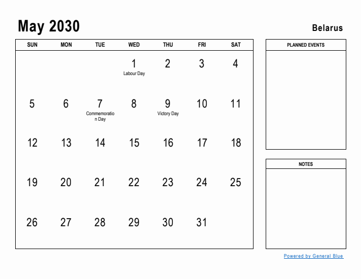 May 2030 Printable Monthly Calendar with Belarus Holidays