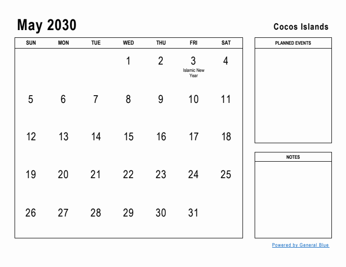 May 2030 Printable Monthly Calendar with Cocos Islands Holidays