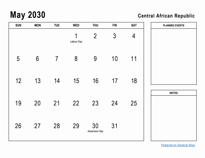 May 2030 Printable Monthly Calendar with Central African Republic Holidays