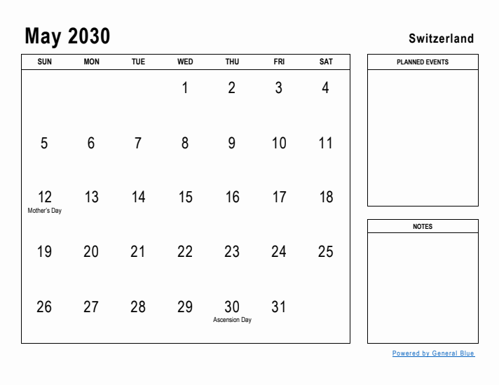 May 2030 Printable Monthly Calendar with Switzerland Holidays