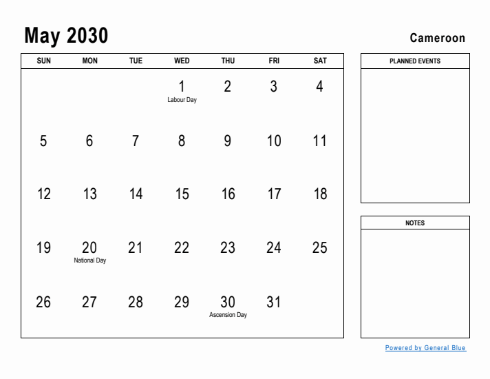 May 2030 Printable Monthly Calendar with Cameroon Holidays