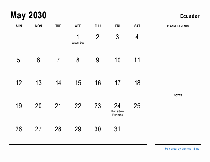 May 2030 Printable Monthly Calendar with Ecuador Holidays