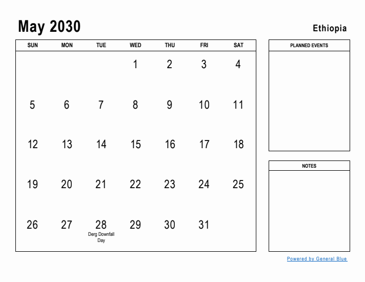 May 2030 Printable Monthly Calendar with Ethiopia Holidays